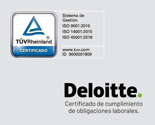 Certificaciones ISO 9001:2015, ISO 14001:2015, ISO 45001:2018, y certificado de cumplimiento de obligaciones laborales Deloitte. Certificaciones ISO 9001:2015, ISO 14001:2015, ISO 45001:2018, y certificado de cumplimiento de obligaciones laborales Deloitte.